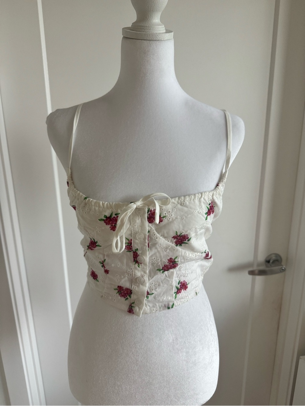 More to Come White Floral Eyelet Tie-Front Crop Top